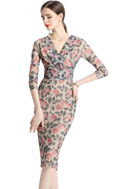 Vintage Designer Women's Elegant Pencil Dress, V-Neck Wedding Guest Vestidos